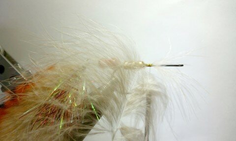 Marabou hackled just in front of beads and then folded downward/backwards.